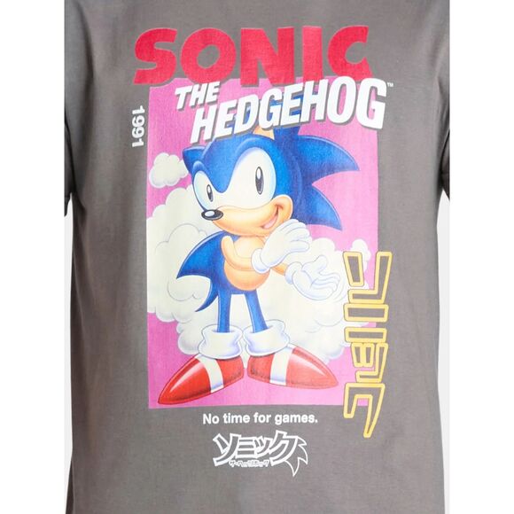 Gray Sonic the Hedgehog T-Shirt No Time For Games Kanji Image (1991) NEW Sz L - Picture 2 of 2